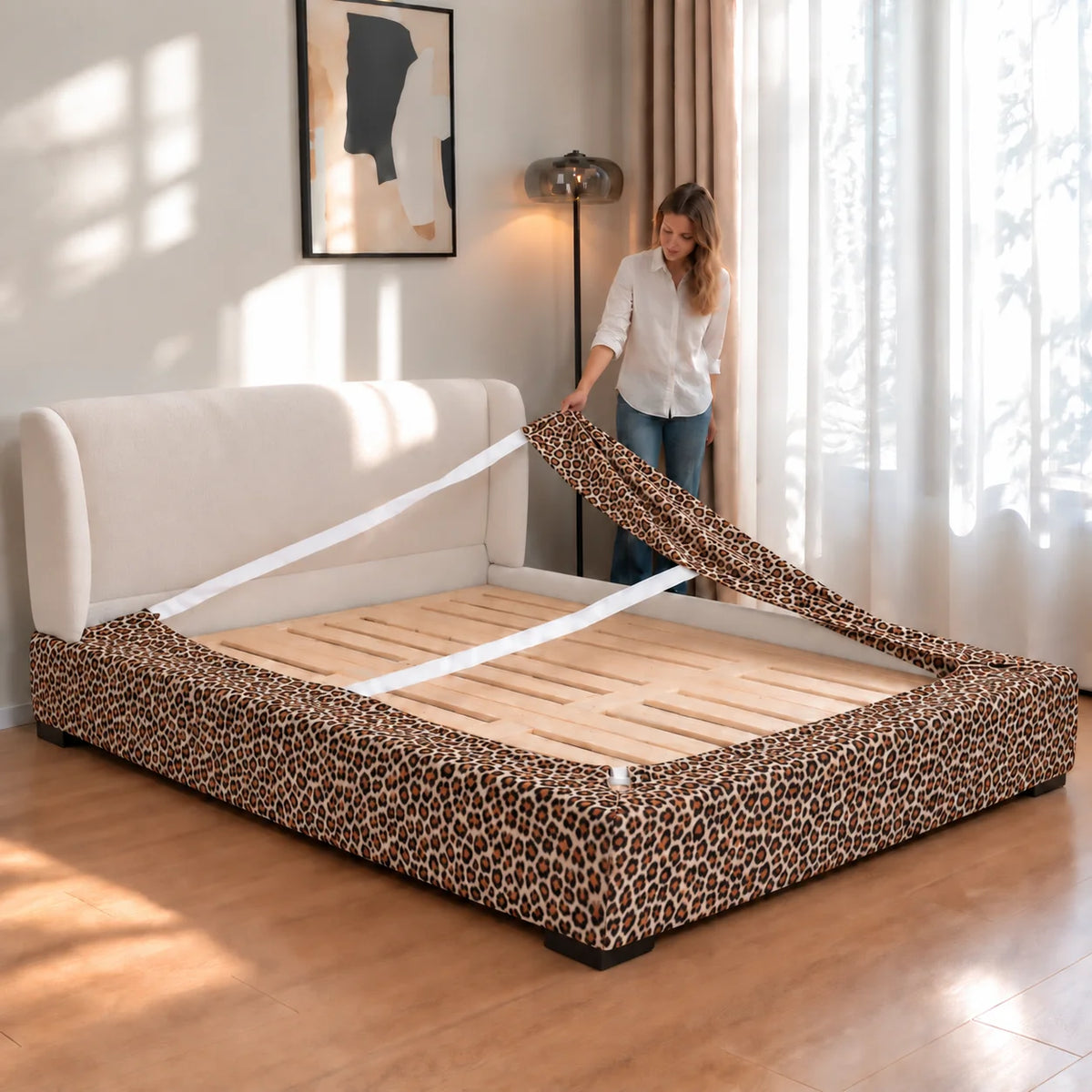 Leopard · Stretch-Fit Inset Bed Frame Cover · Elastic Bands + Back Elastic