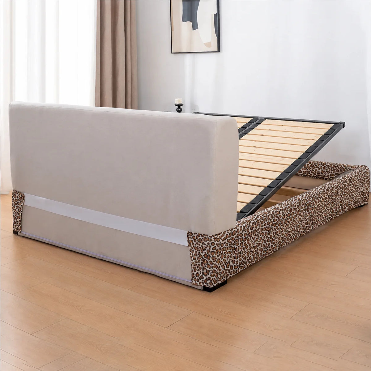Leopard · Stretch-Fit Inset Bed Frame Cover · Tie Straps + Back Elastic