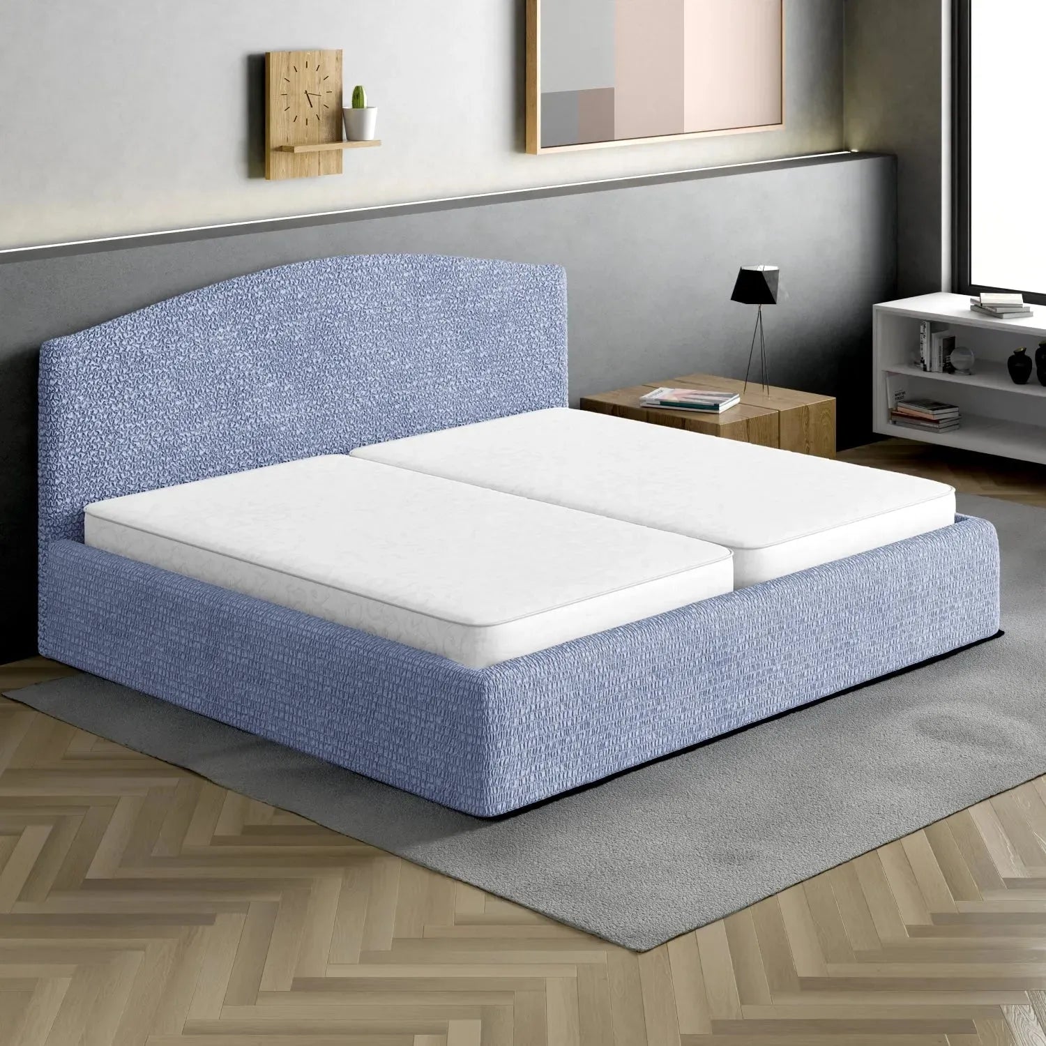 Housse de tête de lit et cadre de lit en microfibre bleue
