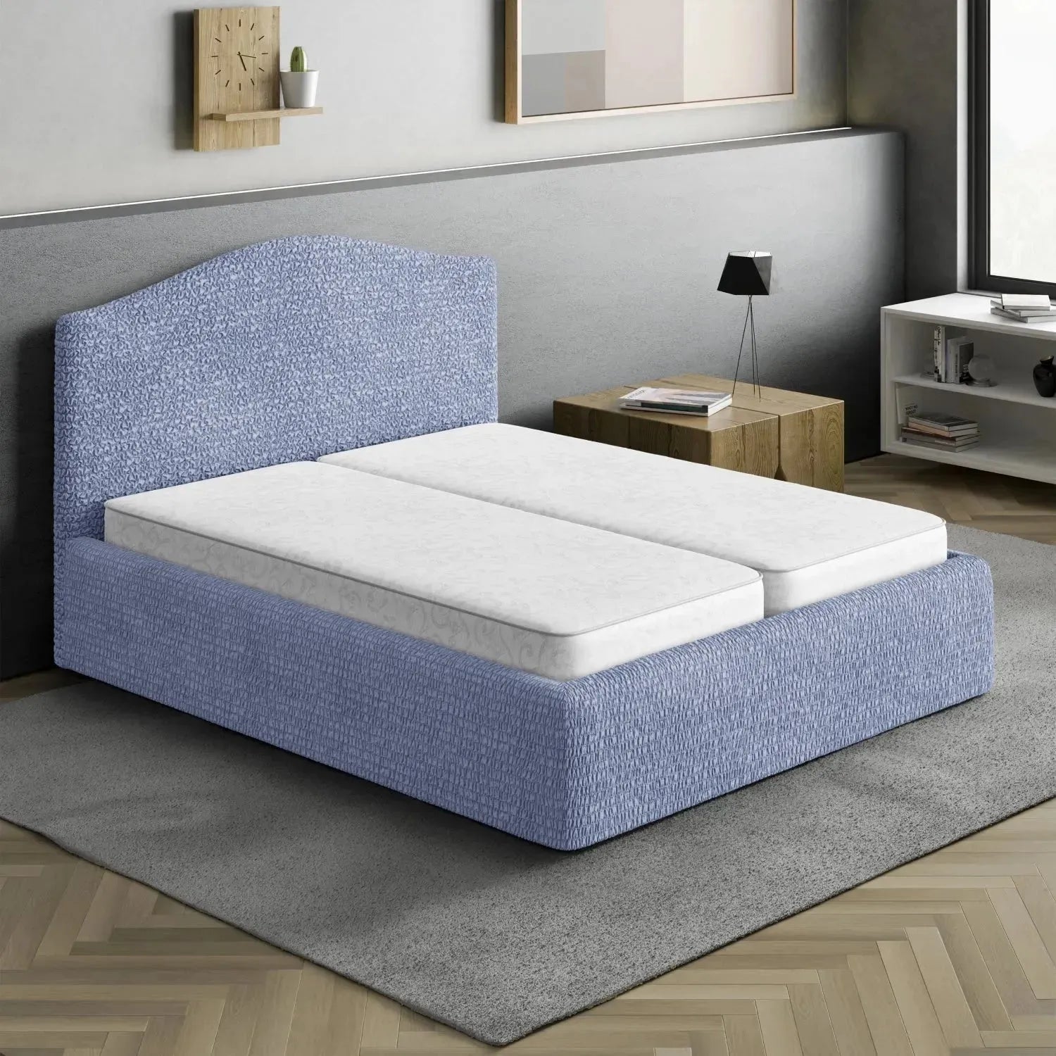 Housse de tête de lit et cadre de lit en microfibre bleue