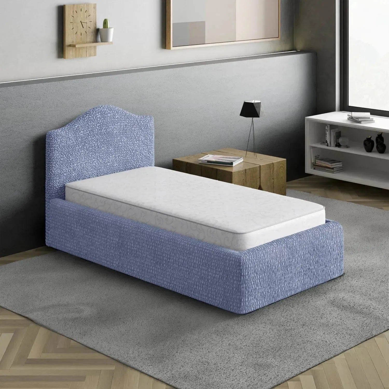 Housse de tête de lit et cadre de lit en microfibre bleue