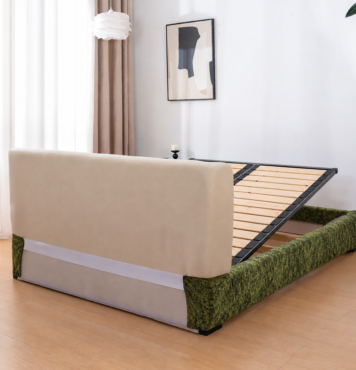 Moss Trace · Stretch-Fit Inset Bed Frame Cover · Tie Straps + Back Elastic