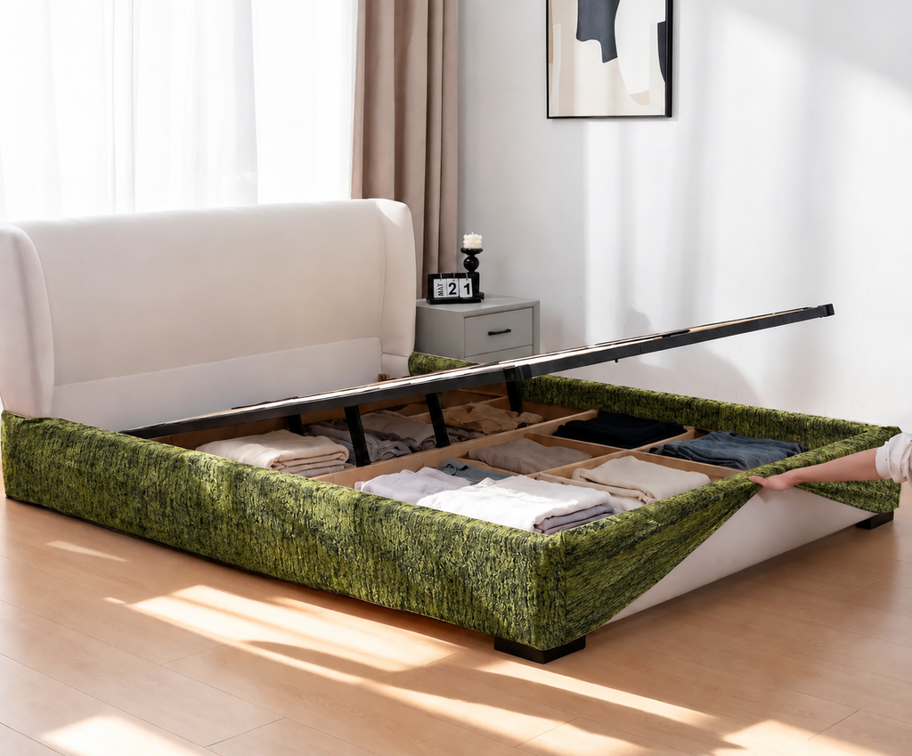 Moss Trace · Stretch-Fit Inset Bed Frame Cover · Tie Straps + Back Elastic