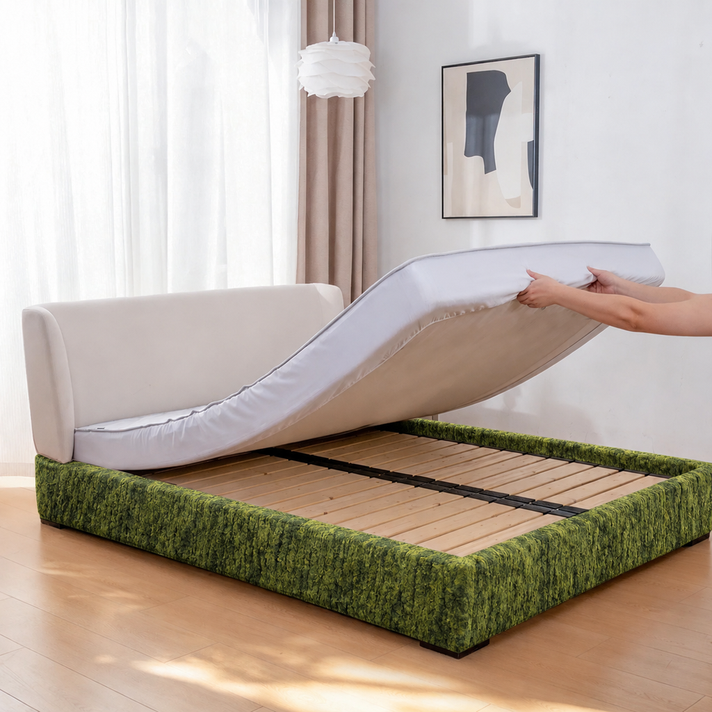 Moss Trace · Stretch-Fit Inset Bed Frame Cover · Tie Straps + Back Elastic