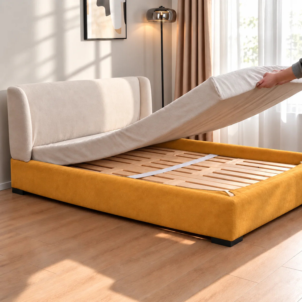 Mustard · Stretch-Fit Inset Bed Frame Cover · Elastic Bands + Back Elastic