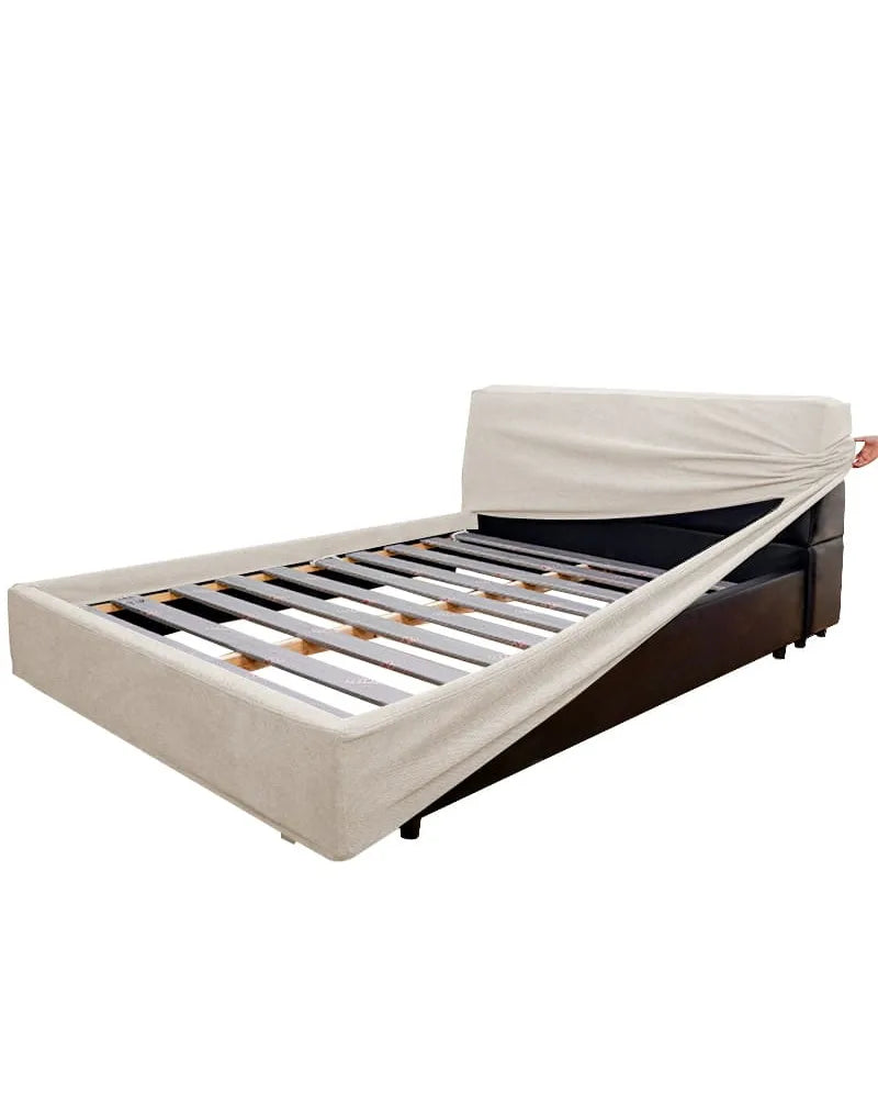 Upholstered Platform Bed + Headboard Cover | Elara Flax