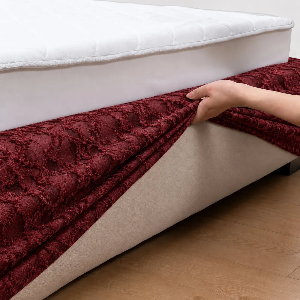 Red Glaze · Stretch-Fit Inset Bed Frame Cover · Tie Straps + Back Elastic