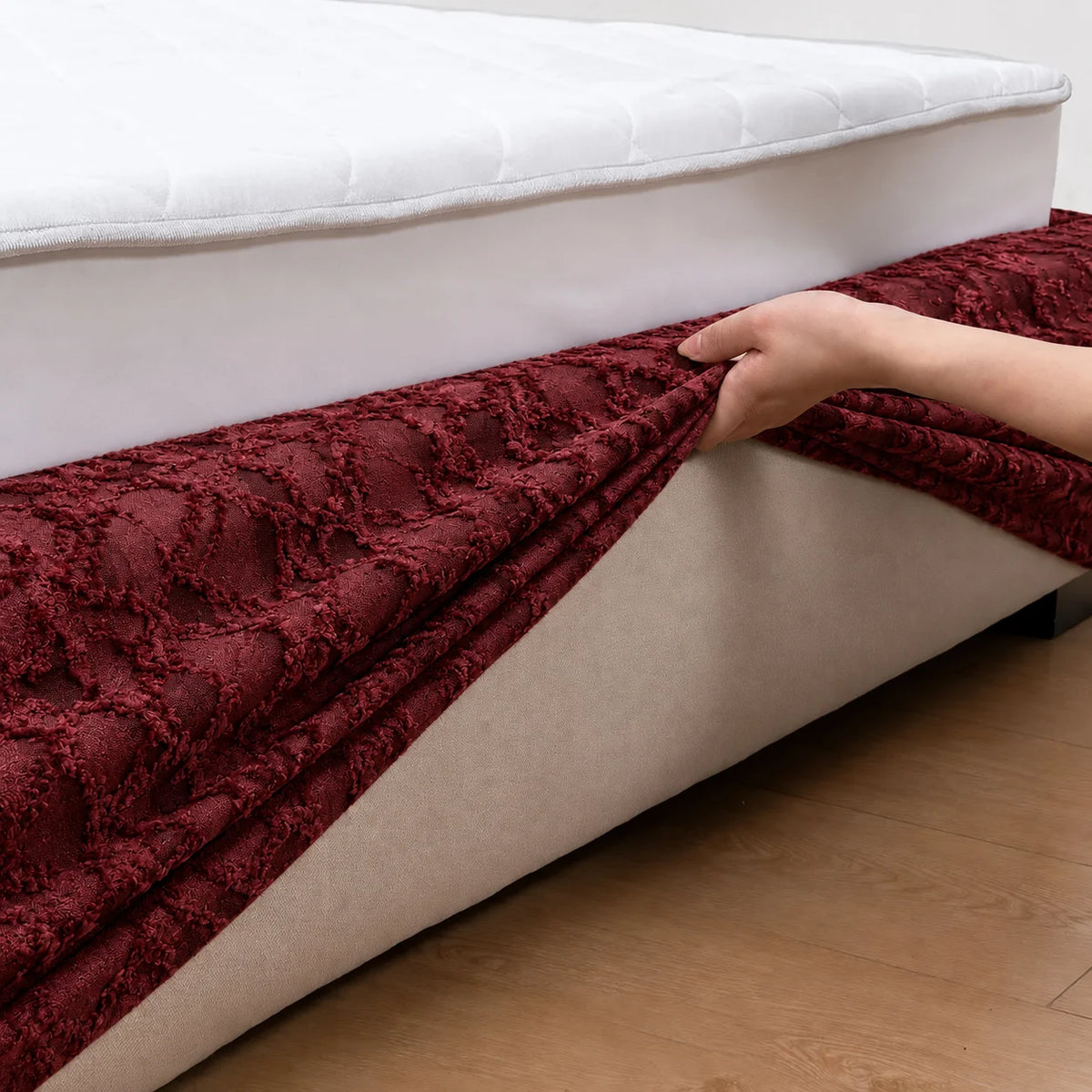 Red Glaze · Stretch-Fit Inset Bed Frame Cover · Tie Straps + Back Elastic