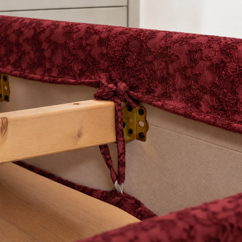 Red Glaze · Stretch-Fit Inset Bed Frame Cover · Tie Straps + Back Elastic