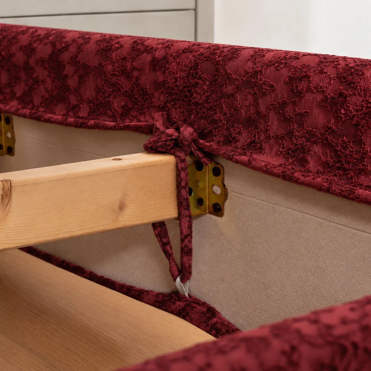 Red Glaze · Stretch-Fit Inset Bed Frame Cover · Tie Straps + Back Elastic