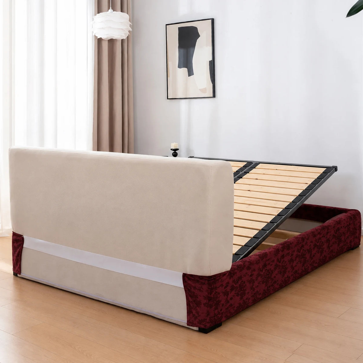 Red Glaze · Stretch-Fit Inset Bed Frame Cover · Tie Straps + Back Elastic