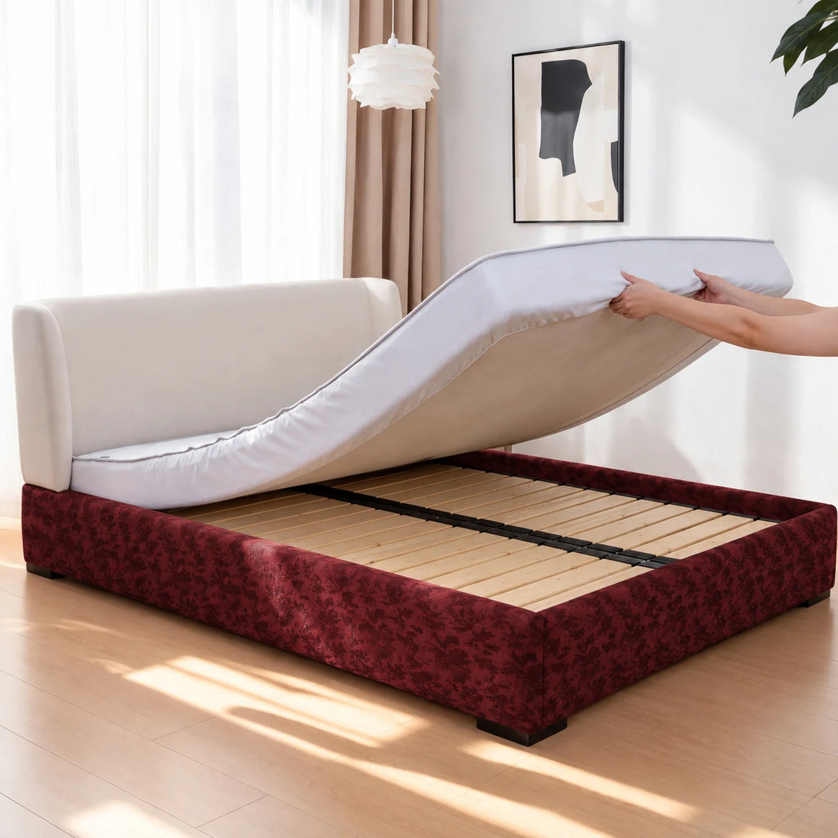 Red Glaze · Stretch-Fit Inset Bed Frame Cover · Tie Straps + Back Elastic