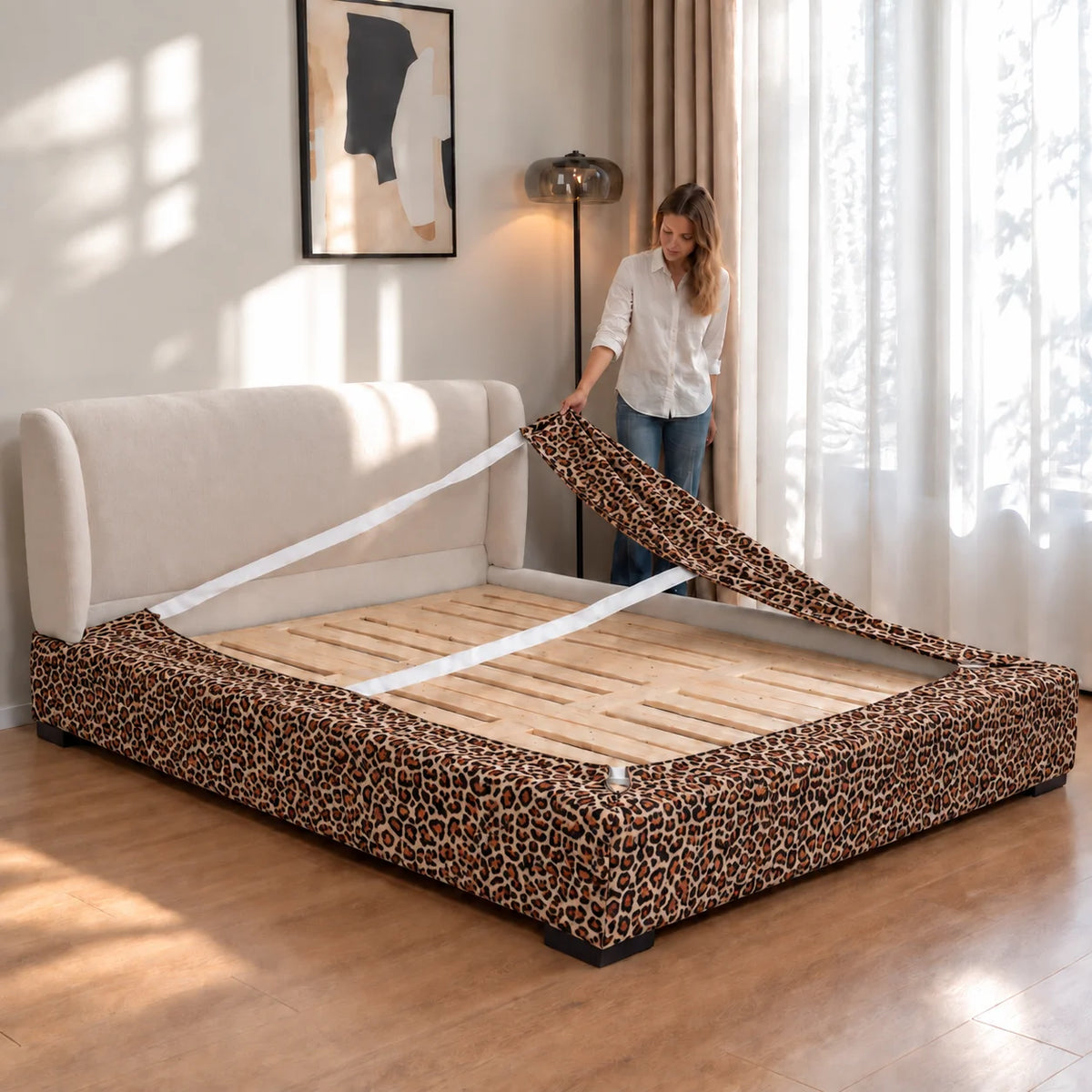 Savanna Leopard · Stretch-Fit Inset Bed Frame Cover · Elastic Bands + Back Elastic