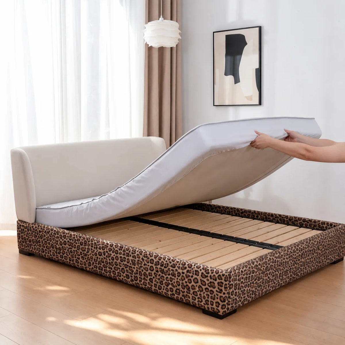 Savanna Leopard · Stretch-Fit Inset Bed Frame Cover · Tie Straps + Back Elastic