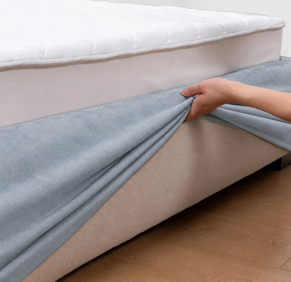 Sky Blue · Stretch-Fit Inset Bed Frame Cover · Tie Straps + Back Elastic