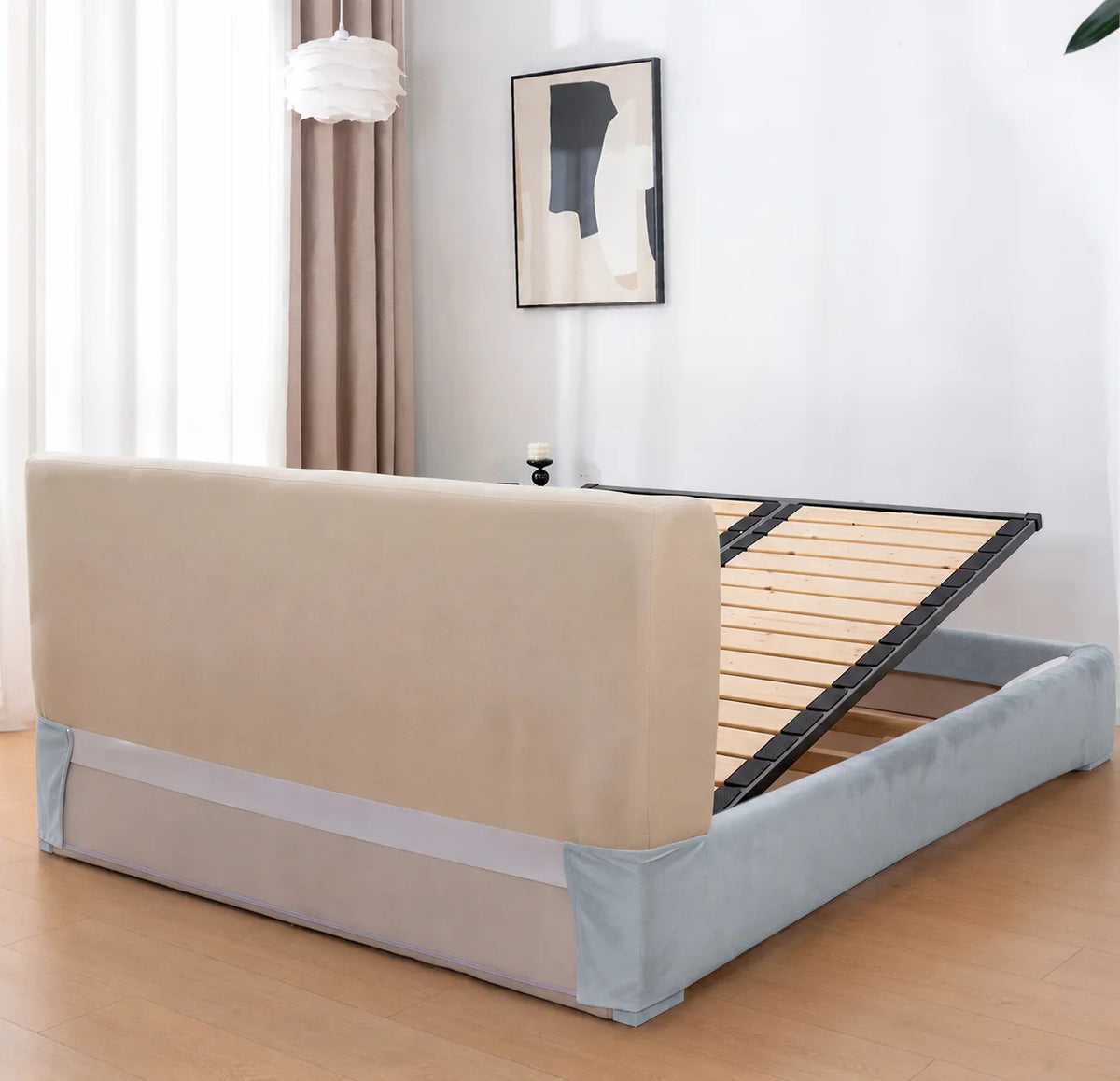 Sky Blue · Stretch-Fit Inset Bed Frame Cover · Tie Straps + Back Elastic