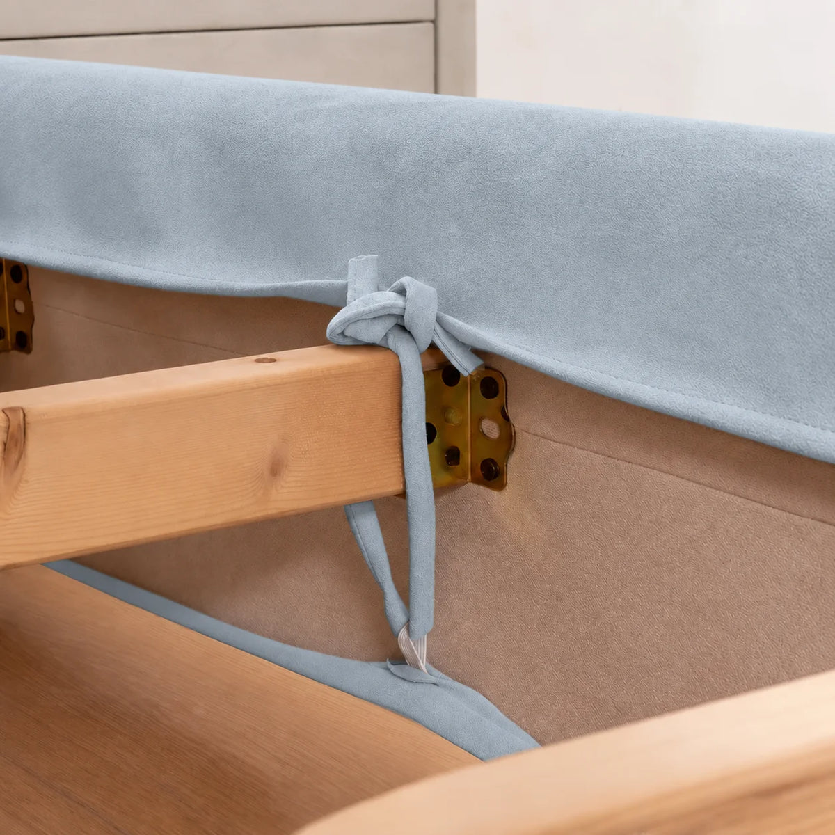 Sky Blue · Stretch-Fit Inset Bed Frame Cover · Tie Straps + Back Elastic