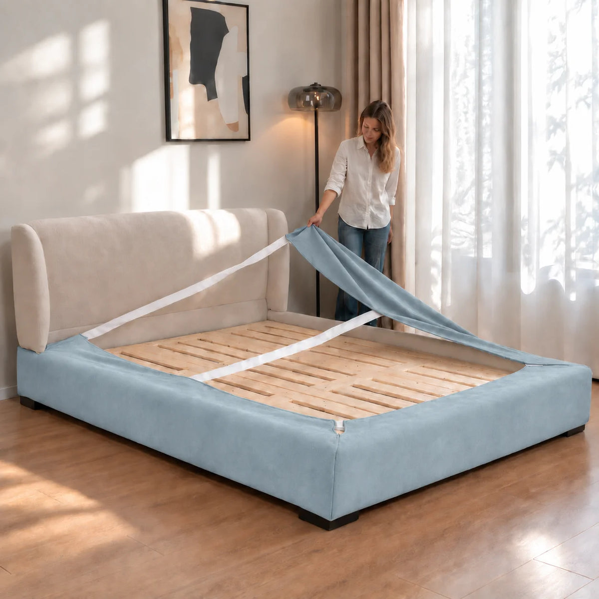 Sky Blue · Stretch-Fit Inset Bed Frame Cover · Elastic Bands + Back Elastic