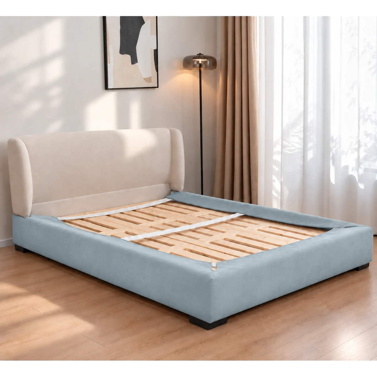 Sky Blue · Stretch-Fit Inset Bed Frame Cover · Elastic Bands + Back Elastic
