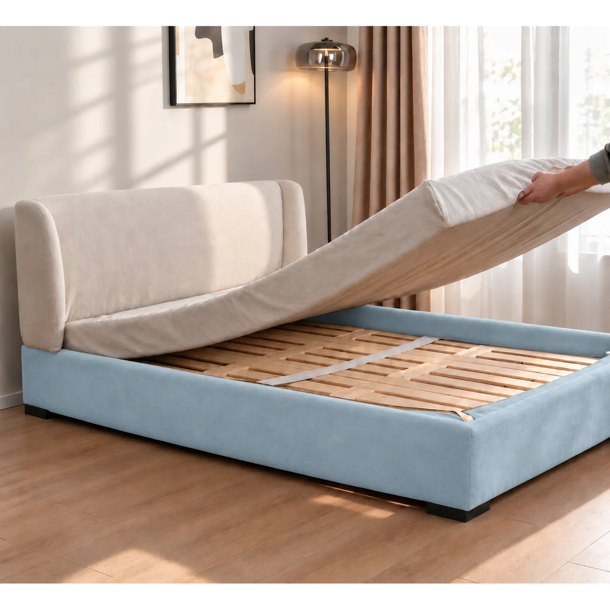 Sky Blue · Stretch-Fit Inset Bed Frame Cover · Elastic Bands + Back Elastic