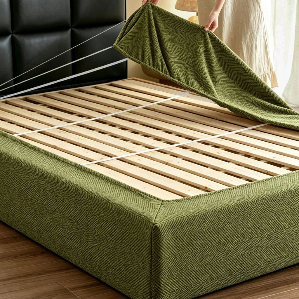 Stretch Herringbone Chenille Bed Frame Cover · Elastic Bands + Back Elastic