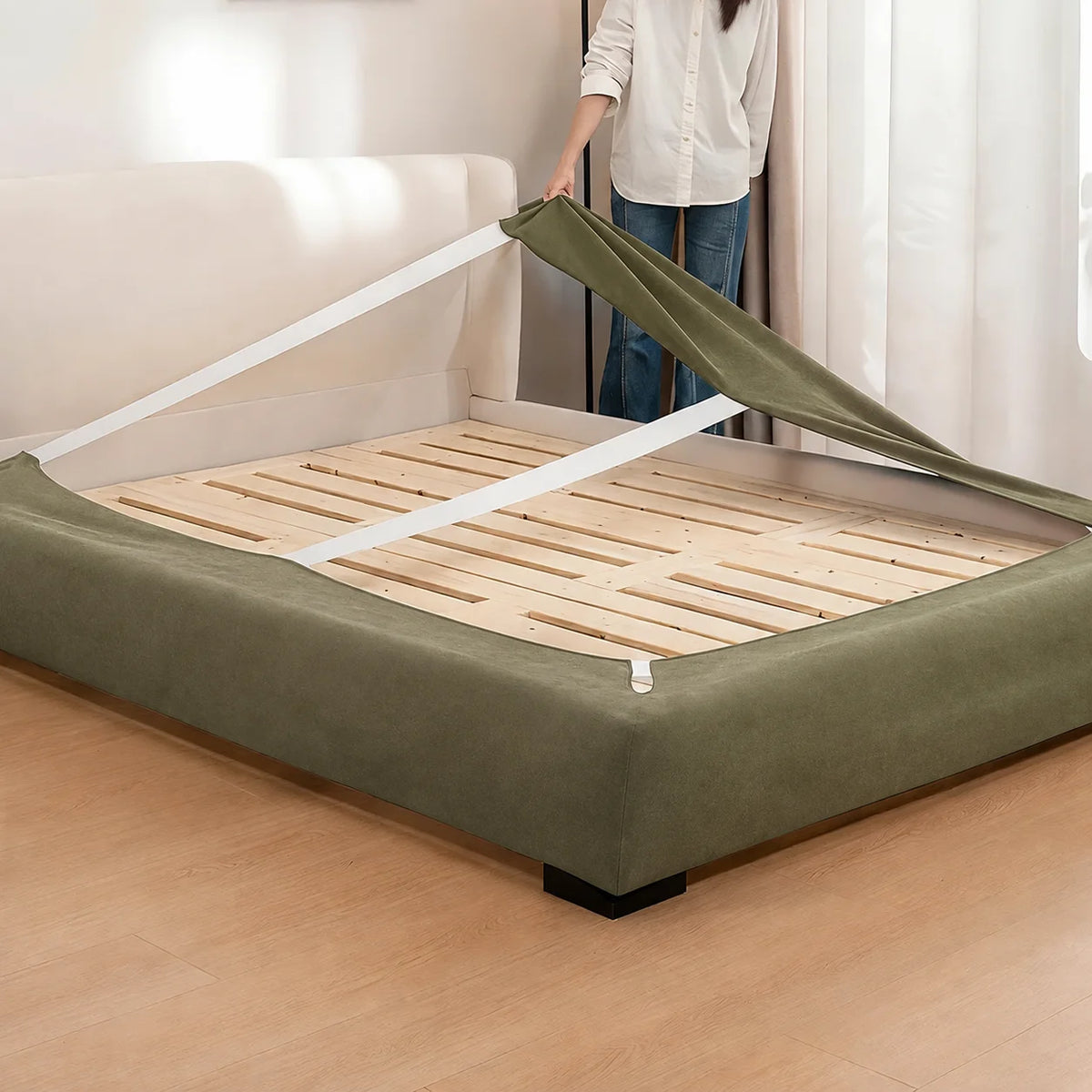 Tea Green · Stretch-Fit Inset Bed Frame Cover · Elastic Bands + Back Elastic