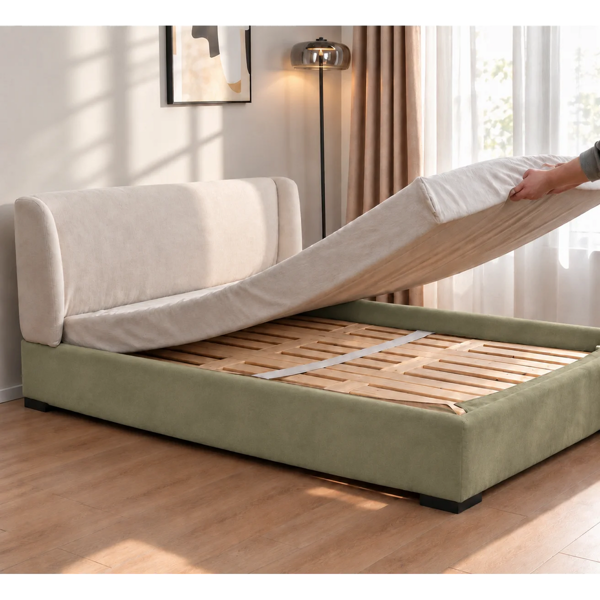 Tea Green · Stretch-Fit Inset Bed Frame Cover · Elastic Bands + Back Elastic