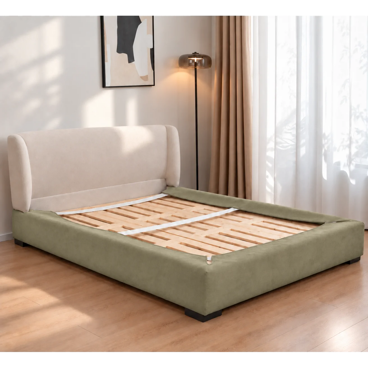 Tea Green · Stretch-Fit Inset Bed Frame Cover · Elastic Bands + Back Elastic