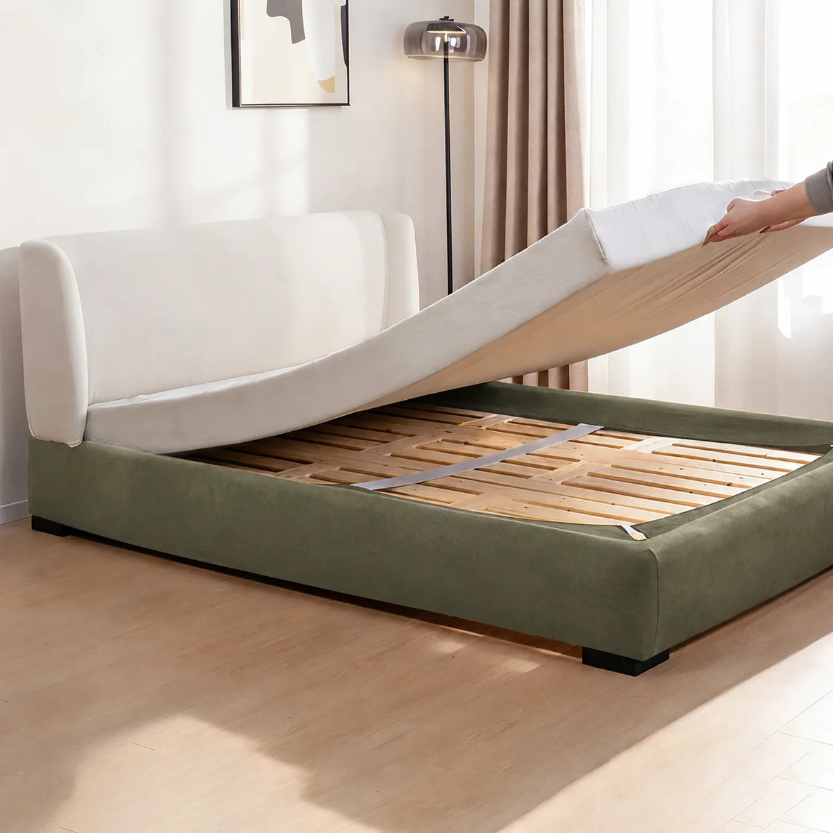 Tea Green · Stretch-Fit Inset Bed Frame Cover · Elastic Bands + Back Elastic