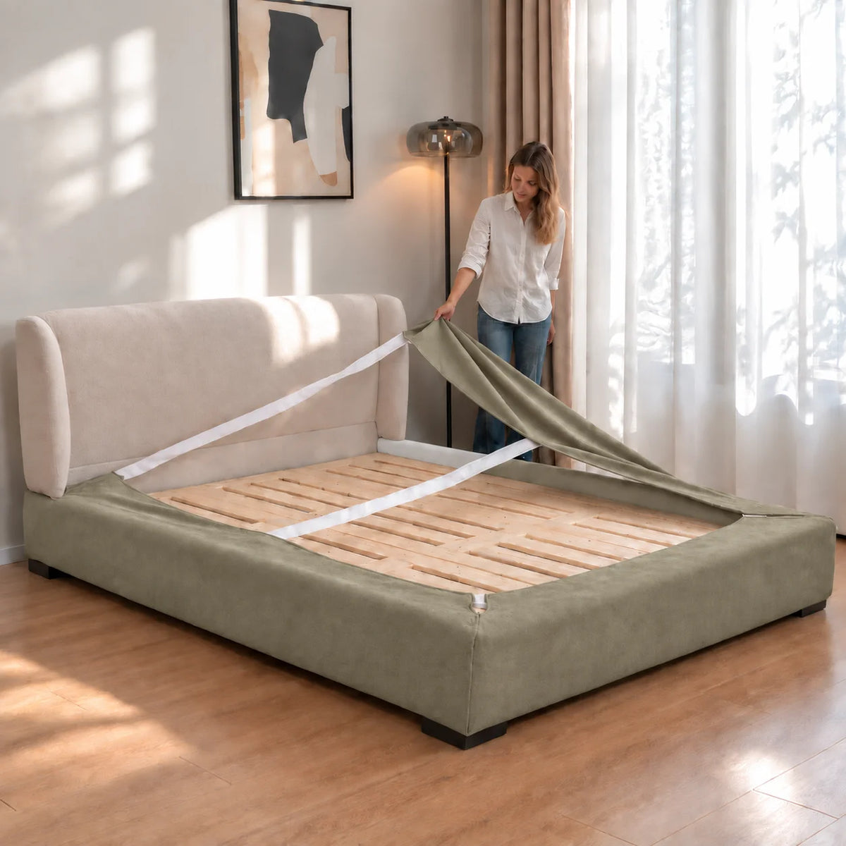 Tea Green · Stretch-Fit Inset Bed Frame Cover · Elastic Bands + Back Elastic