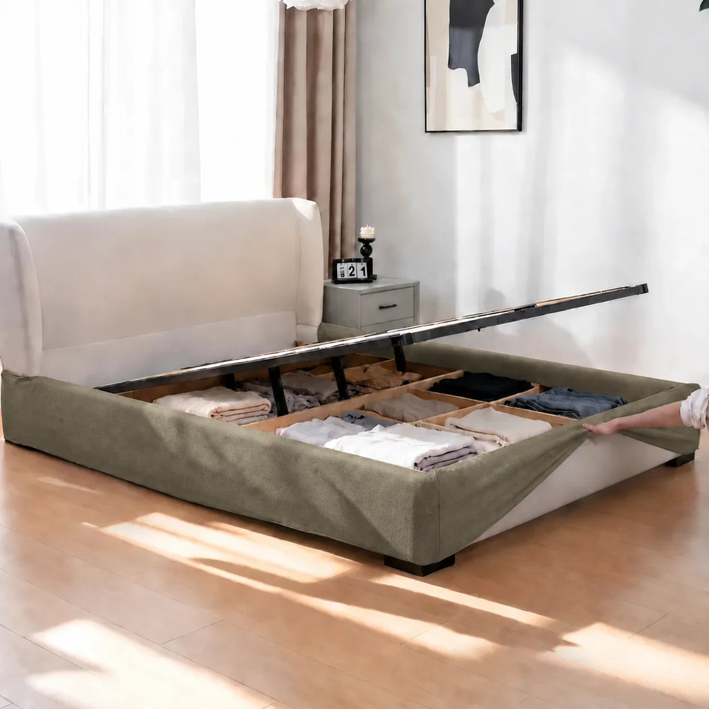 Tea Green · Stretch-Fit Inset Bed Frame Cover · Tie Straps + Back Elastic