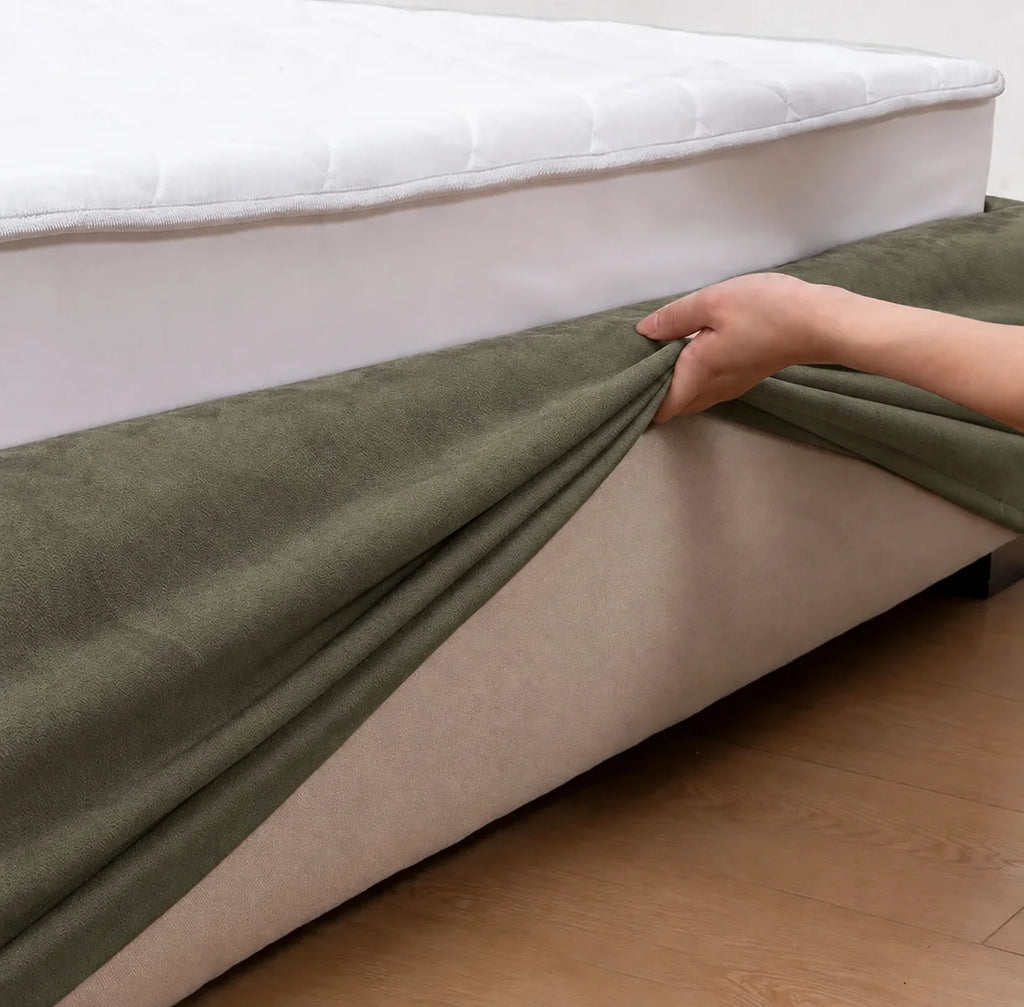 Tea Green · Stretch-Fit Inset Bed Frame Cover · Tie Straps + Back Elastic