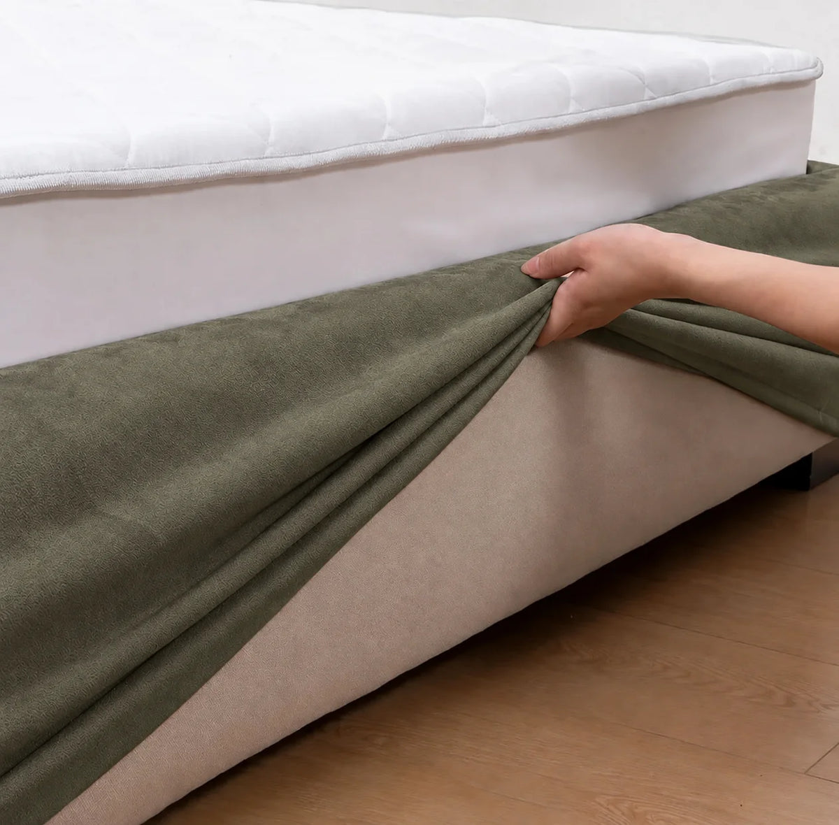 Tea Green · Stretch-Fit Inset Bed Frame Cover · Tie Straps + Back Elastic