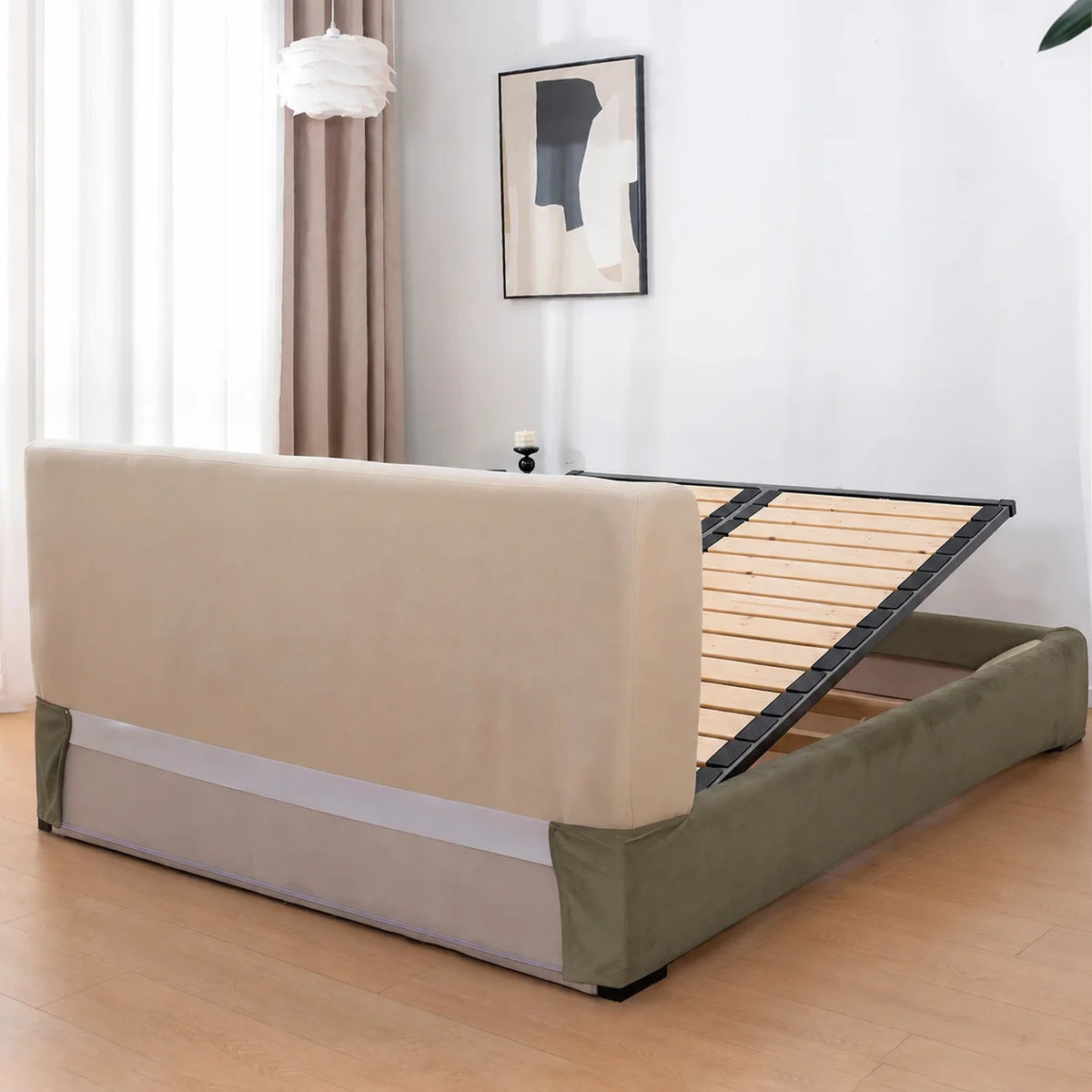Tea Green · Stretch-Fit Inset Bed Frame Cover · Tie Straps + Back Elastic