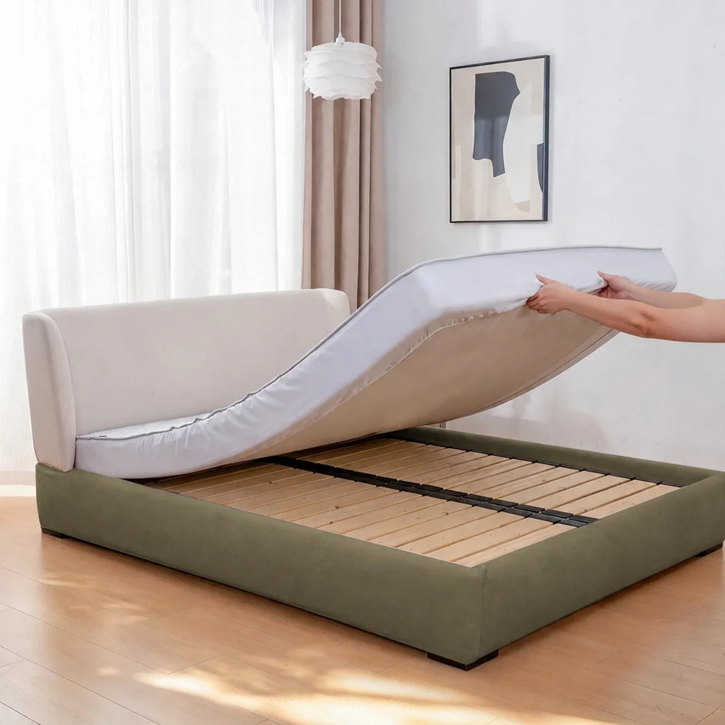 Tea Green · Stretch-Fit Inset Bed Frame Cover · Tie Straps + Back Elastic