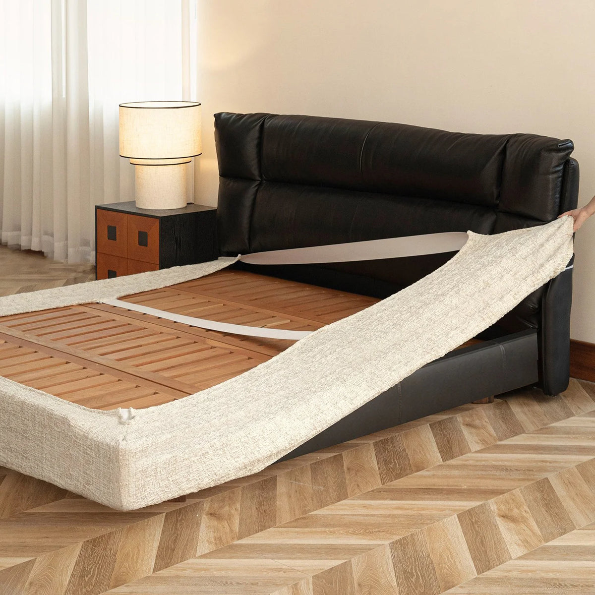Woven Linen-Texture Cover for Platform Bed · Elastic Bands + Back Elastic