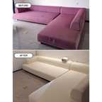 Before and after sofa transformation with custom slipcover