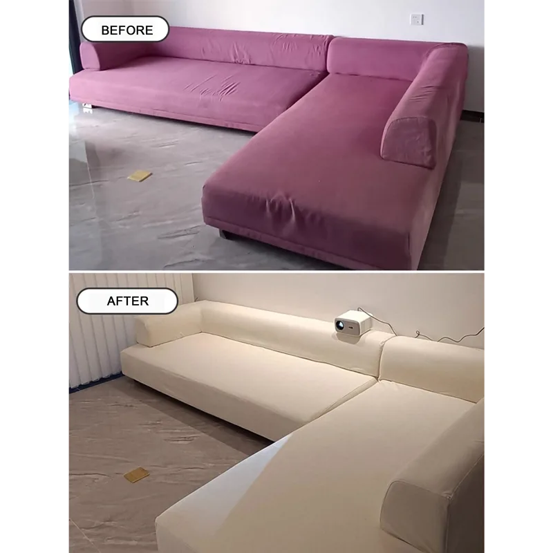 Before and after sofa transformation with custom slipcover