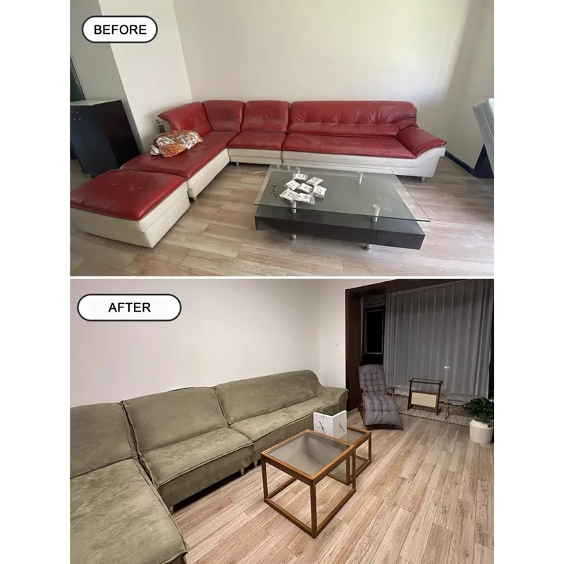 Complete lounge before and after furniture makeover with sofa cover
