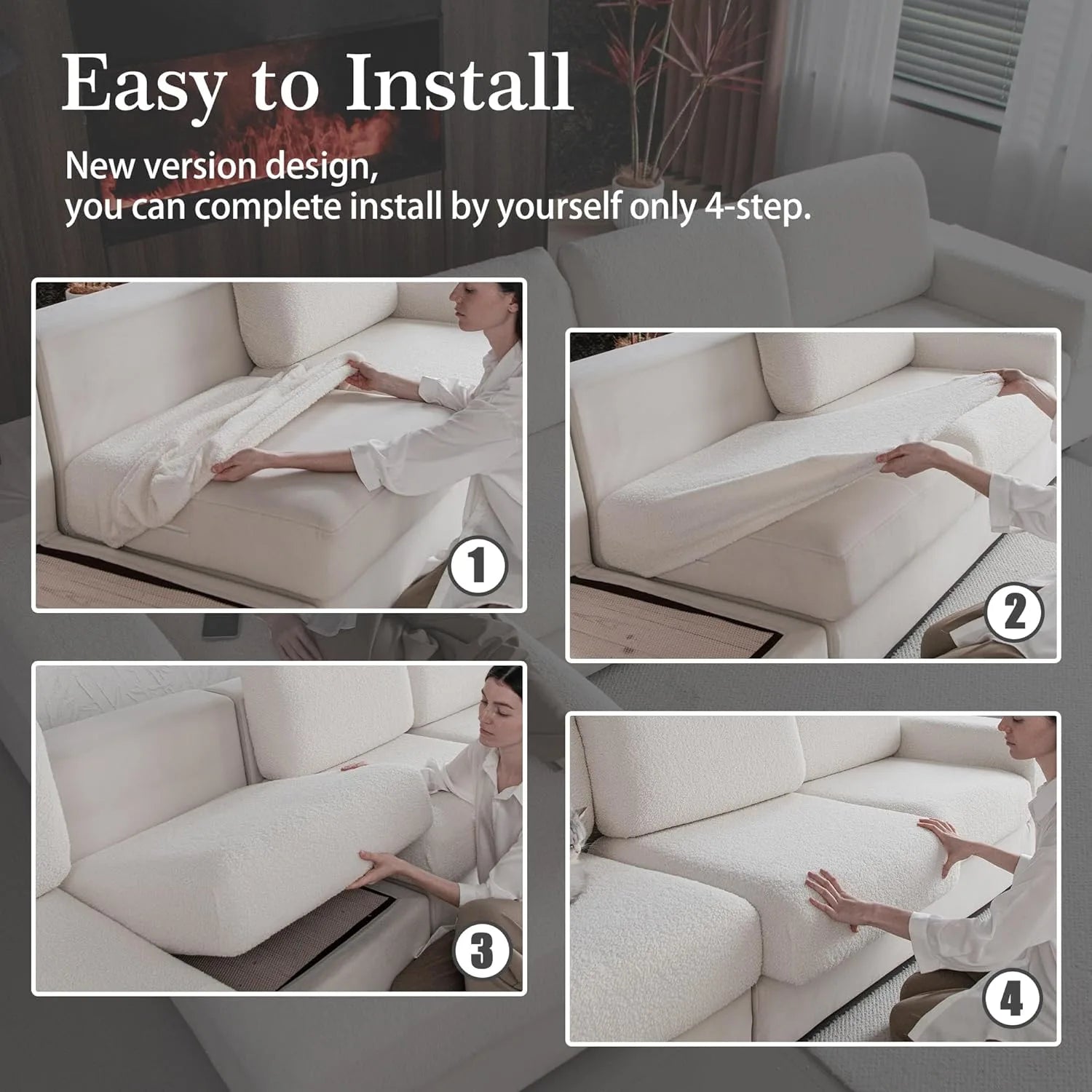 Performance Solid Bouclé Stretch Sofa Cushion Cover - Ivory