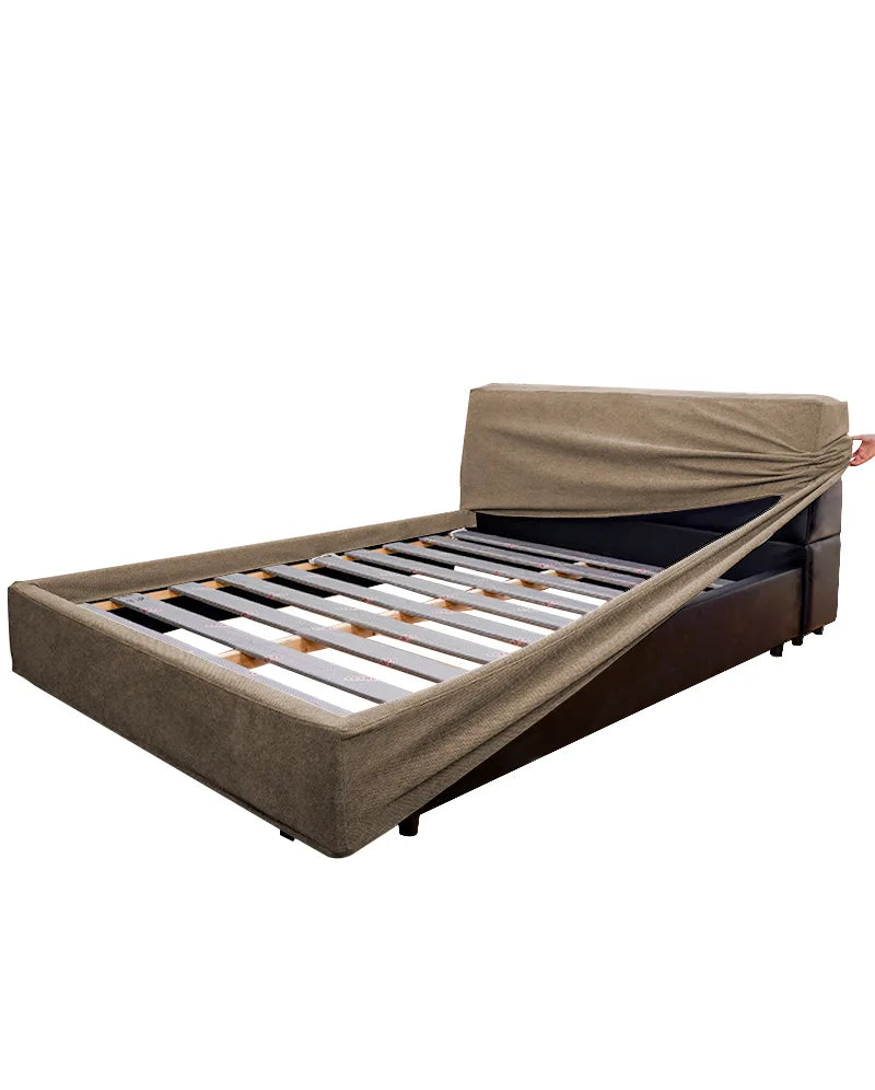 Upholstered Platform Bed + Headboard Cover | Elara Flax