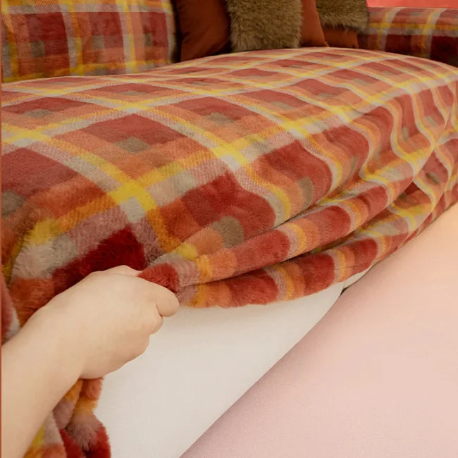 G 9016 Red Luck Grid Fur-Free Sofa Cover | Retro Plaid Custom Cover