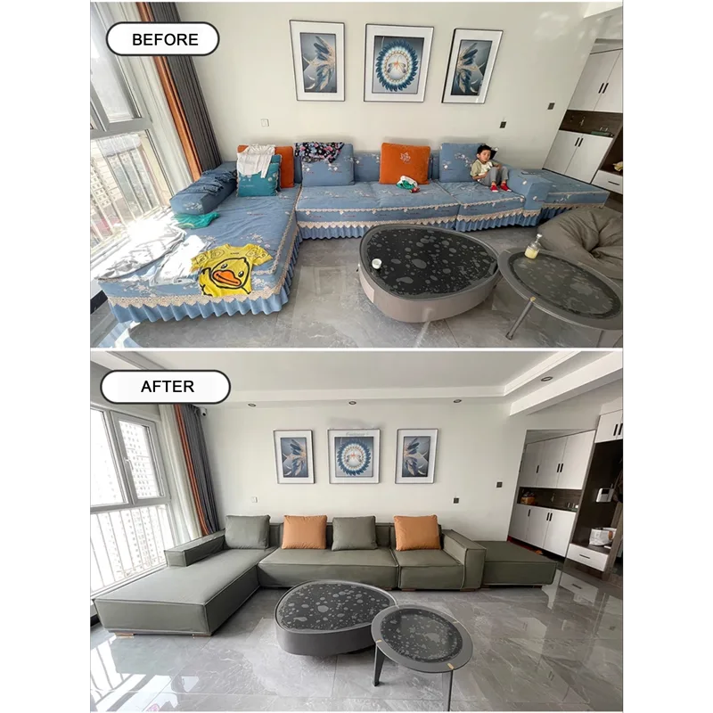 Family room transformation showing sofa before and after slipcover