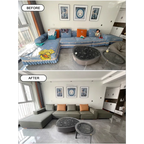 Family room transformation showing sofa before and after slipcover