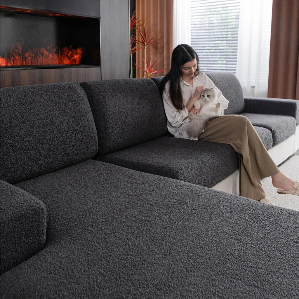 Performance Solid Bouclé Stretch Sofa Cushion Cover - Dark Gray