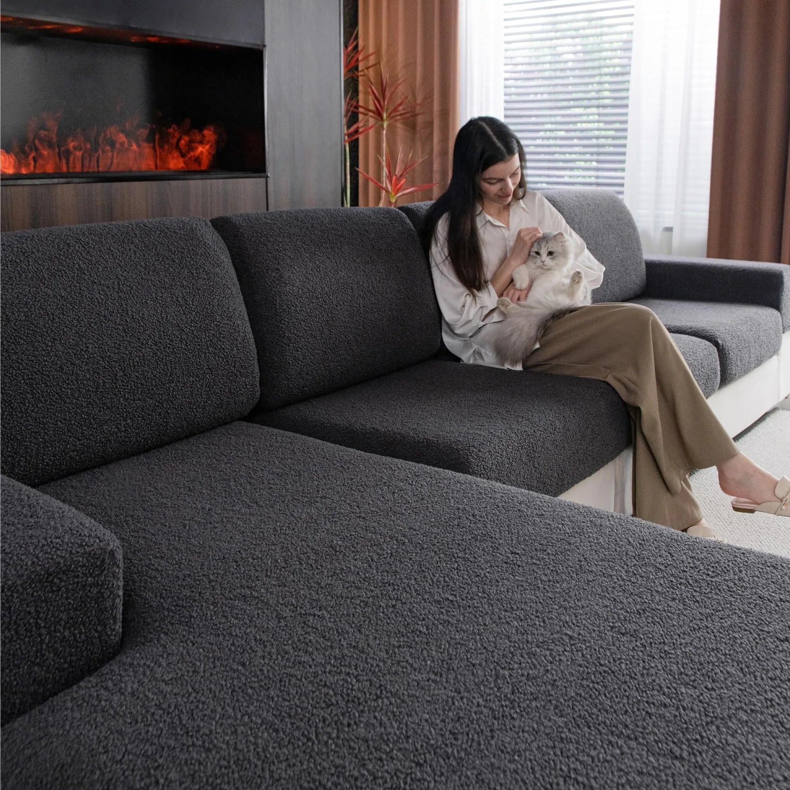 Performance Solid Bouclé Stretch Sofa Cushion Cover - Dark Gray