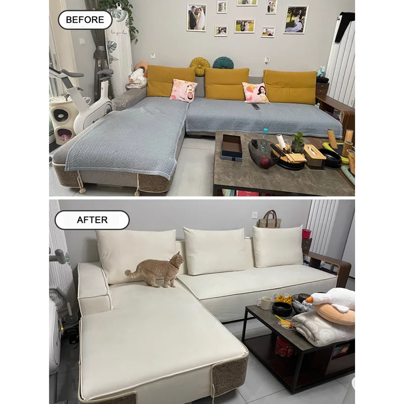 Grey fabric custom slipcover before and after results