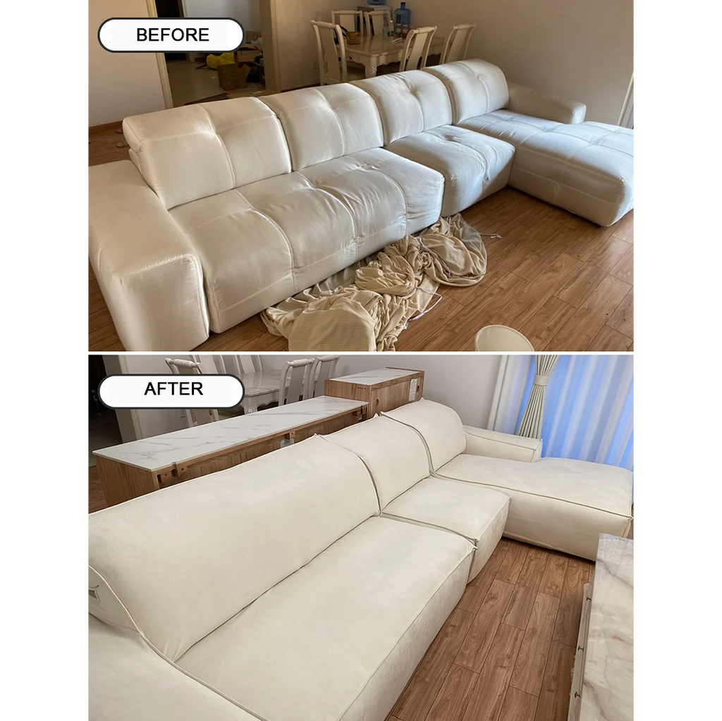 Living room before and after transformation with custom couch cover