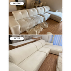 Living room before and after transformation with custom couch cover