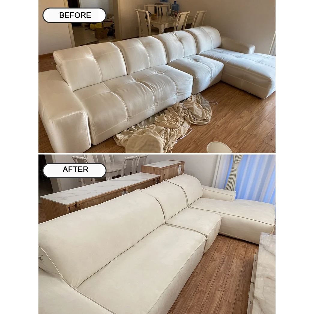 Living room before and after transformation with custom couch cover